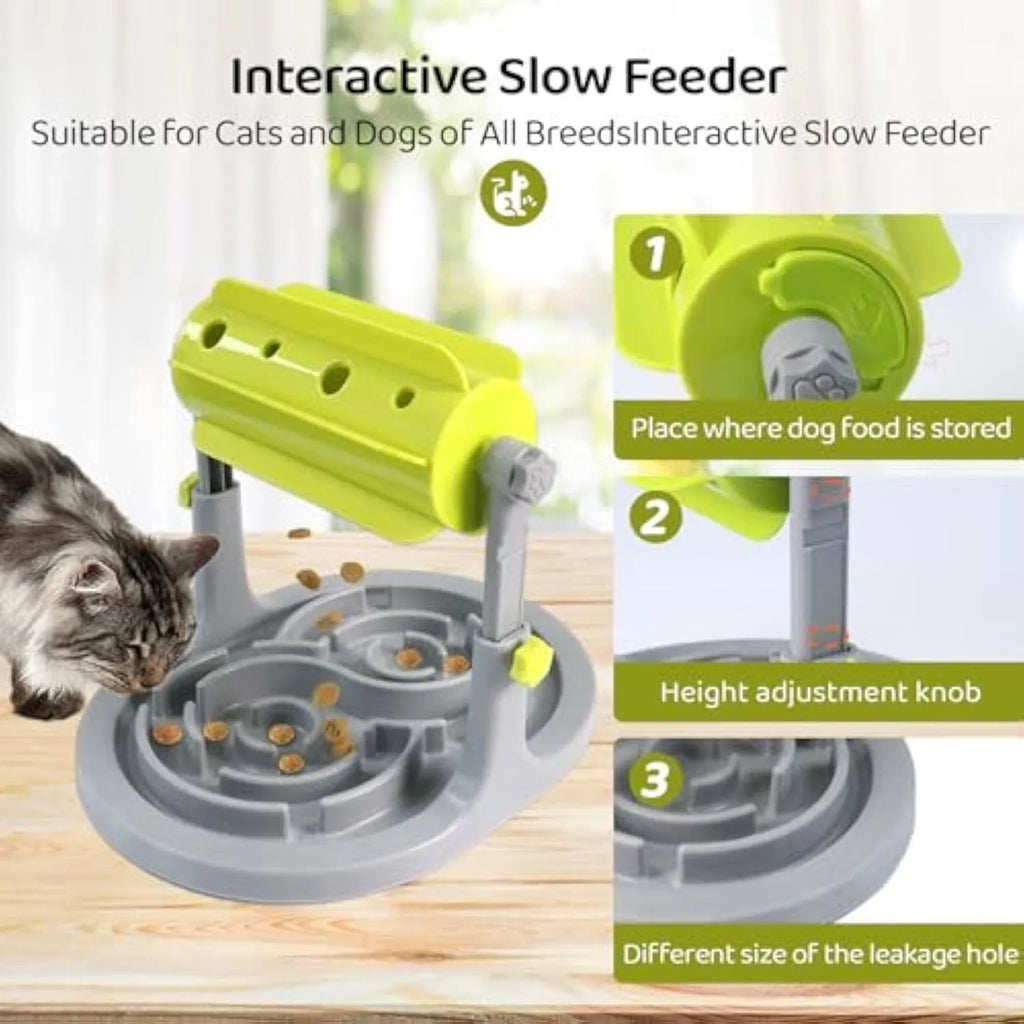 Blue adjustable height interactive pet puzzle feeder bowl with raised food tray patterns