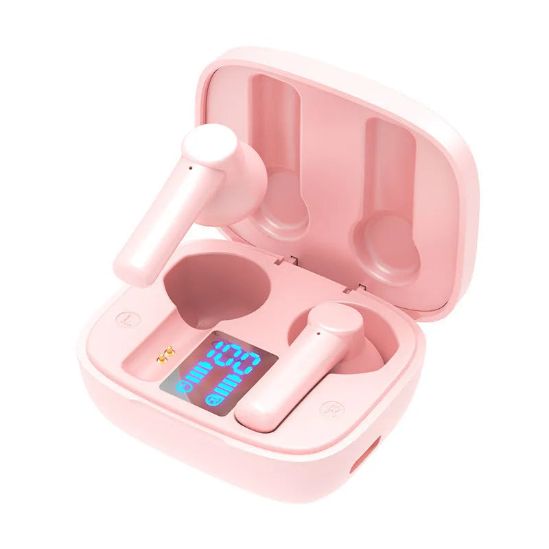 Digital display sports in-ear wireless Bluetooth headset with charging bin, black, pink, and white colour options