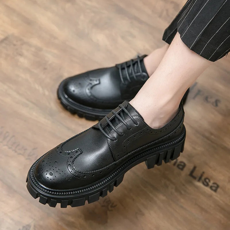 Men's black and brown brogue shoes with round toe and classic business styling