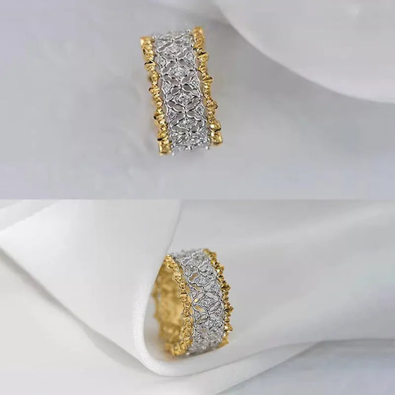 Geometric copper ring with round zircon and two-tone electroplated gold and silver finish