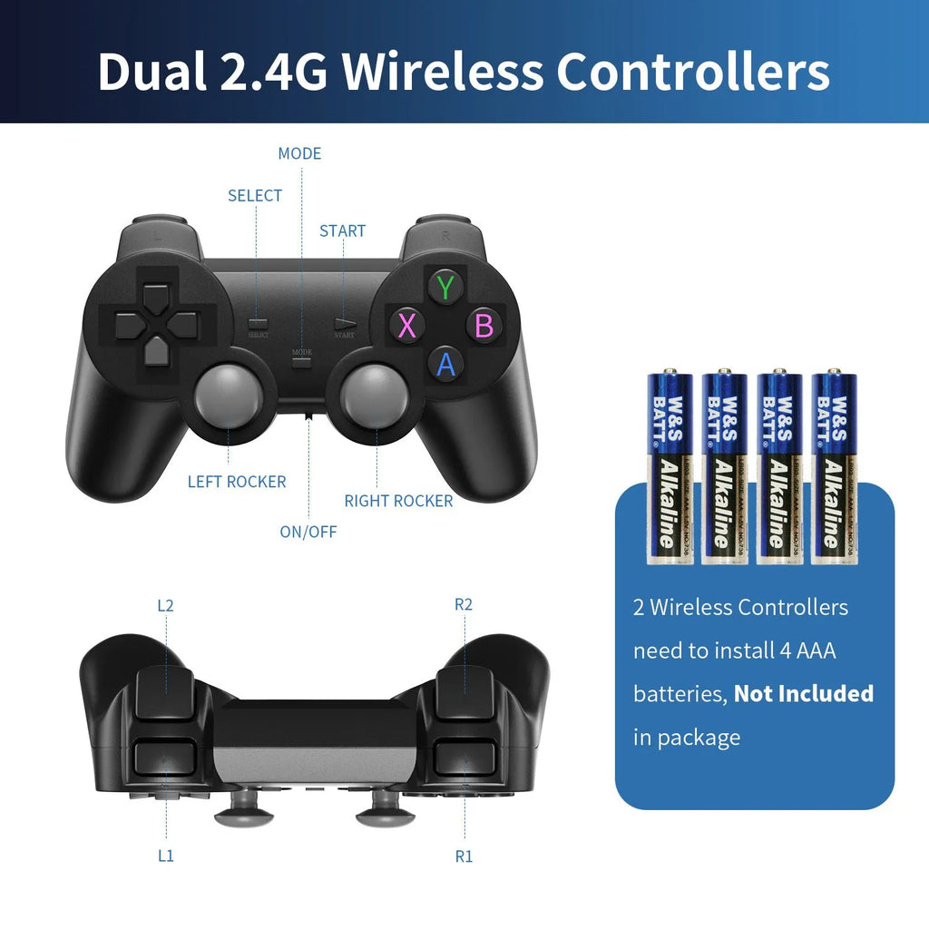 HD home TV game console with handheld controller and HDMI cable on television stand