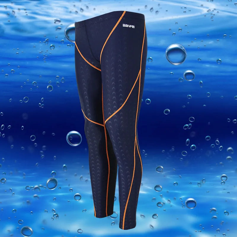 Men's nylon swimming trunks in cropped brief style with colour accent lines