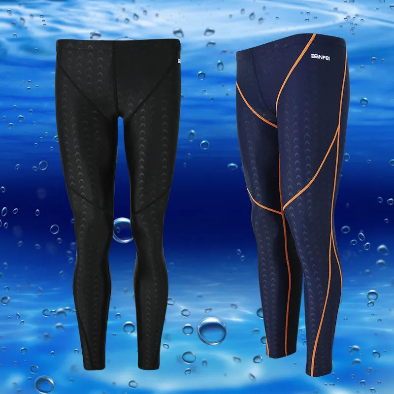 Men's nylon swimming trunks in cropped brief style with colour accent lines