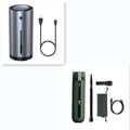 Black cordless handheld car vacuum cleaner with blowing hose attachment on a desktop.