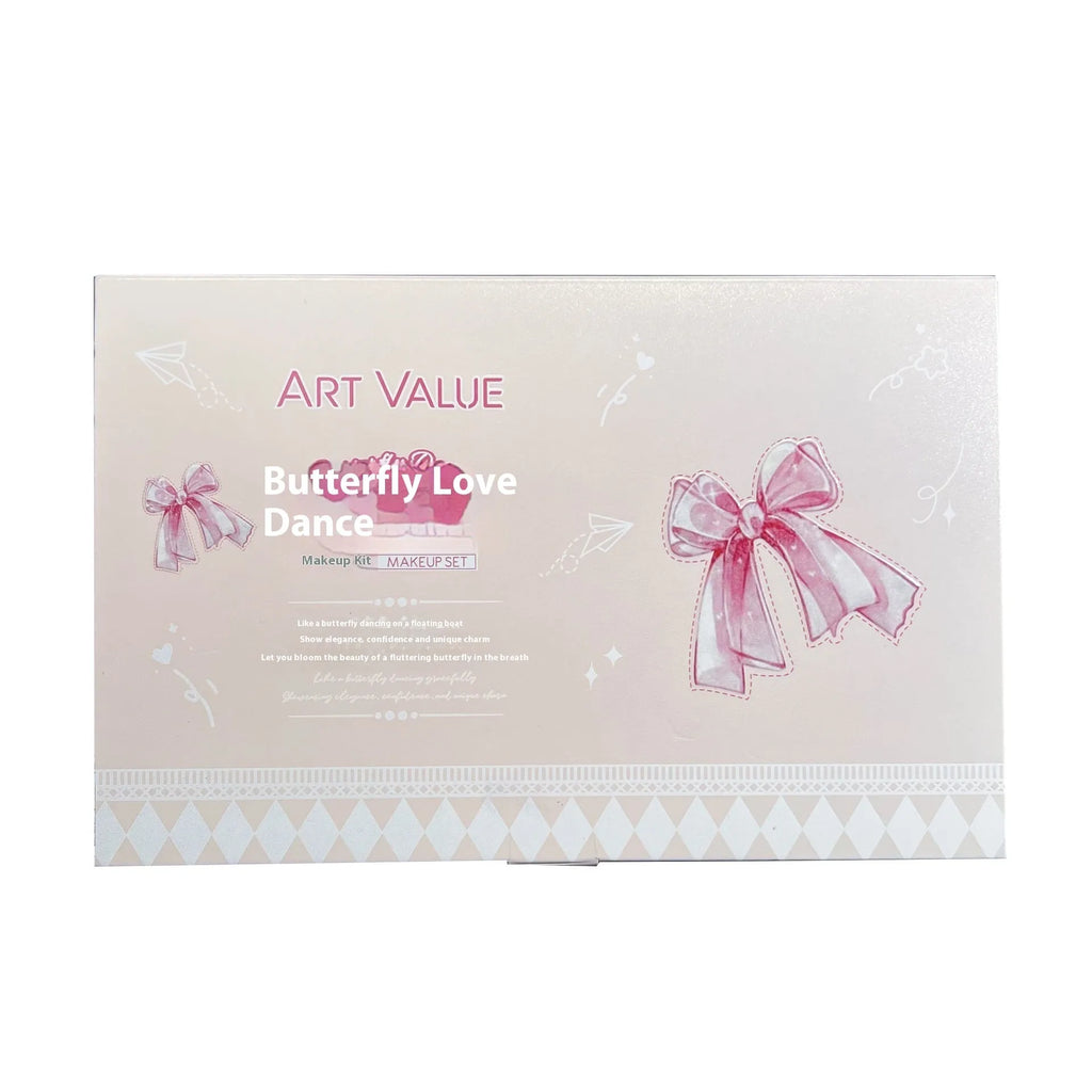 Butterfly Box makeup set with four pink lip mud pots, powder blusher, and necklace