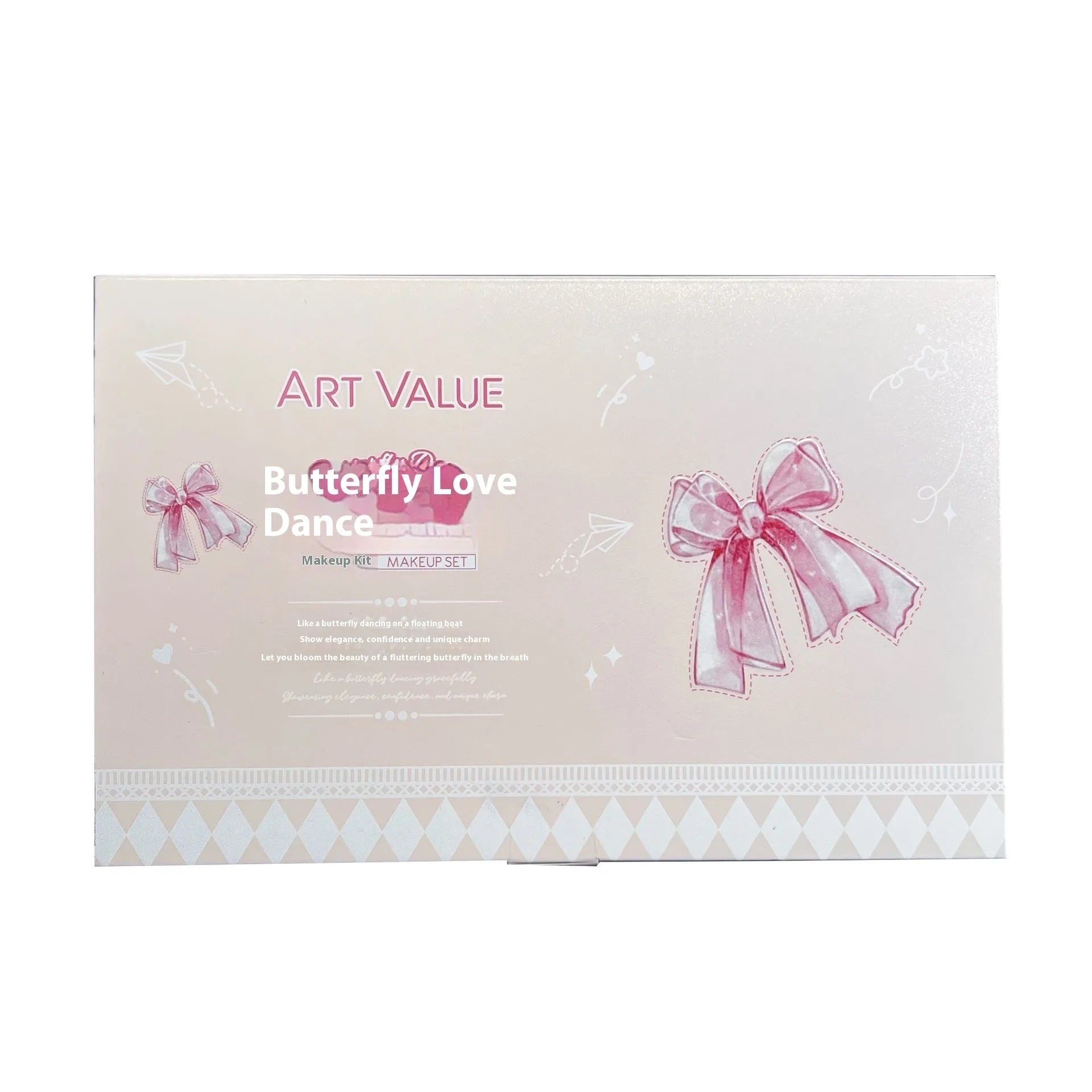 Butterfly Box makeup set with four pink lip mud pots, powder blusher, and necklace