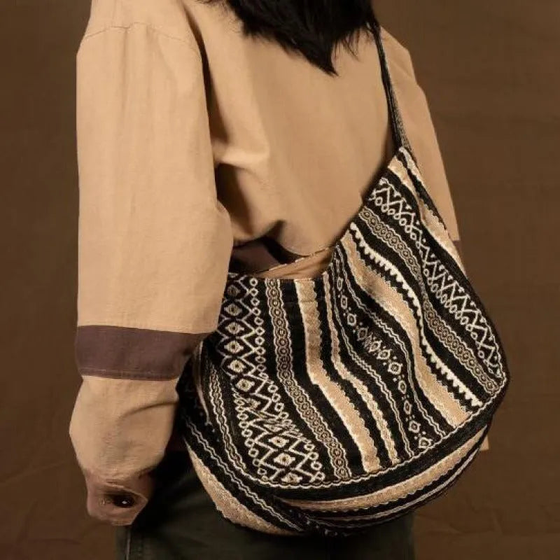 Vintage jacquard striped corduroy messenger bag with adjustable plaid shoulder strap