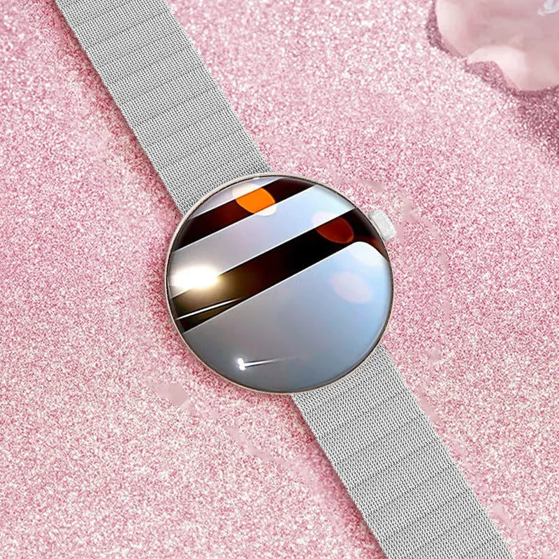 Women's smart watch with circular colour screen and metal wrist strap