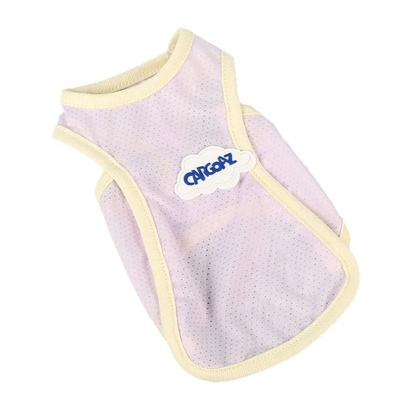 Grass green polyester cat vest for summer wear in size medium on grey background