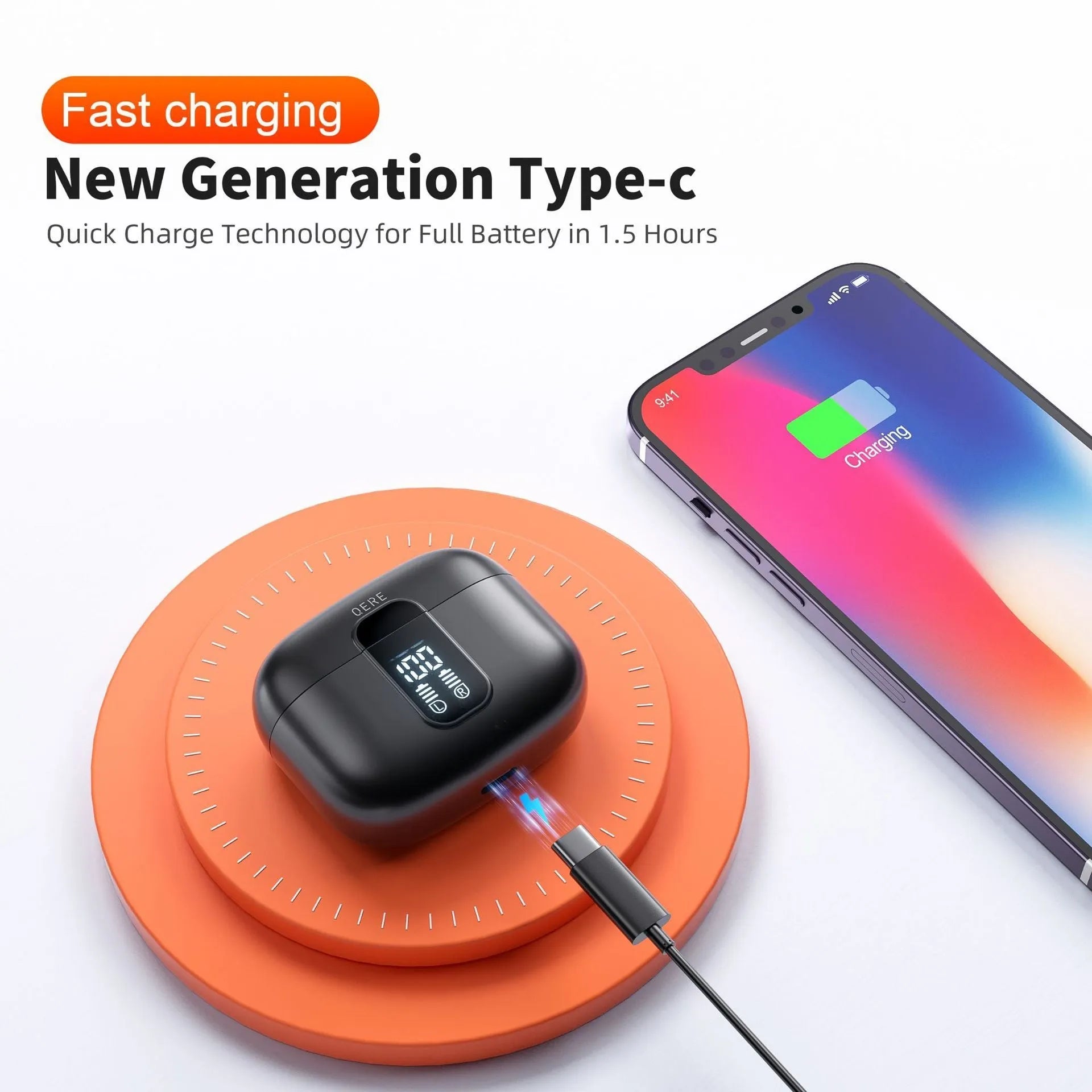 Wireless Bluetooth in-ear headset with digital display, black colour, ABS material