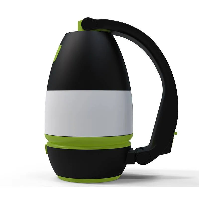 Black green three-in-one LED camping lamp with adjustable lighting angles and USB charging port