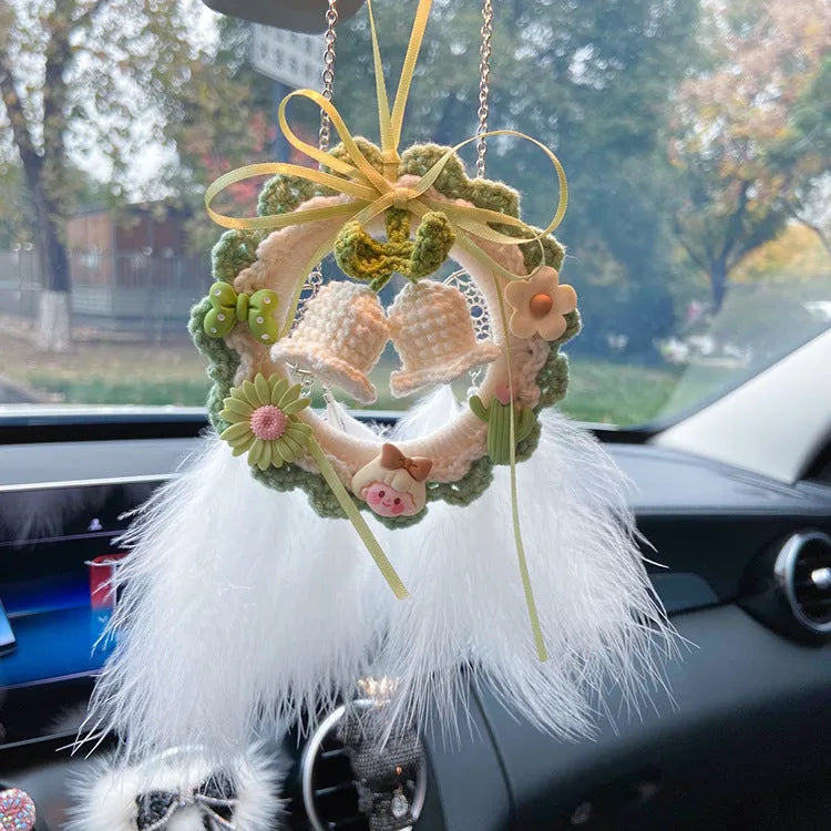 Handmade wool bell orchid car pendant hanging from rear-view mirror