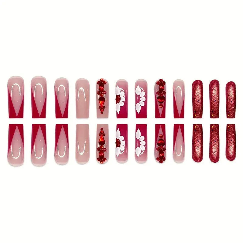 Sweet flowers prismatic red diamond fake nails with European Square long shape