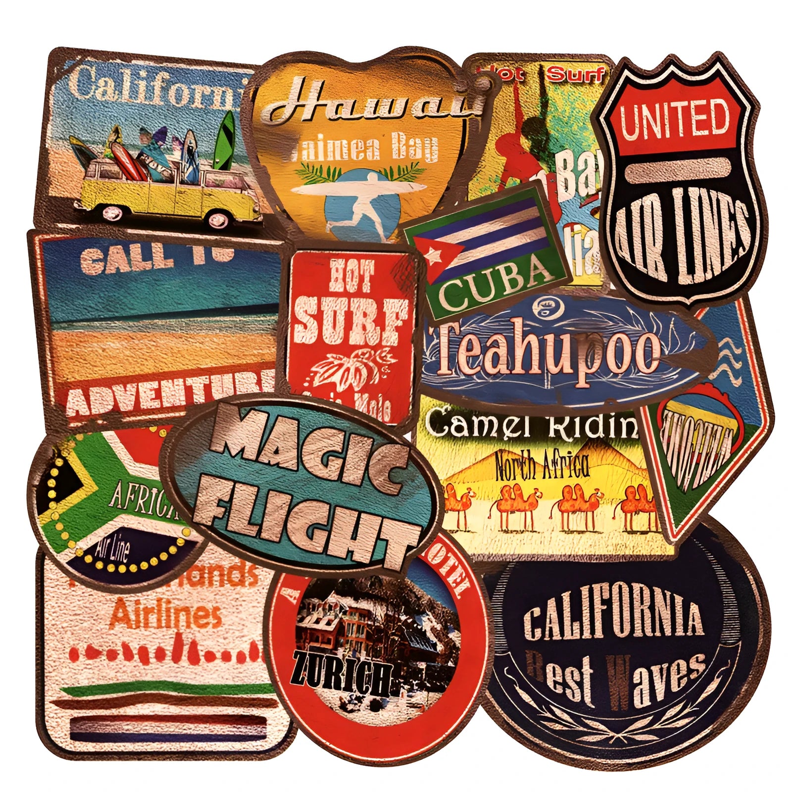 Assortment of large retro beach stickers with surfing and travel designs on a white background.