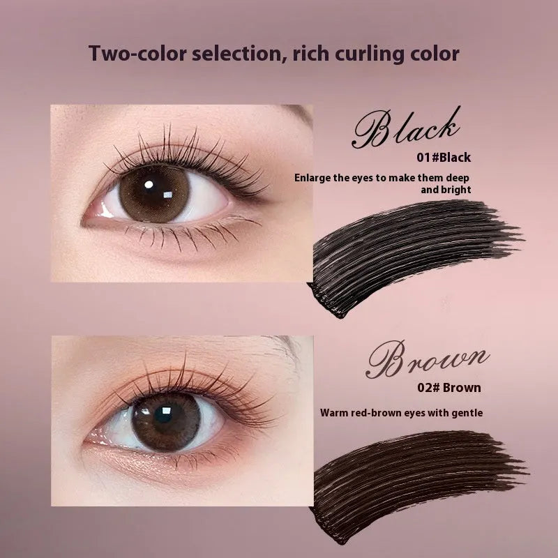 Tube of long curling long-lasting mascara shown in black and brown colour options with applicator wand.
