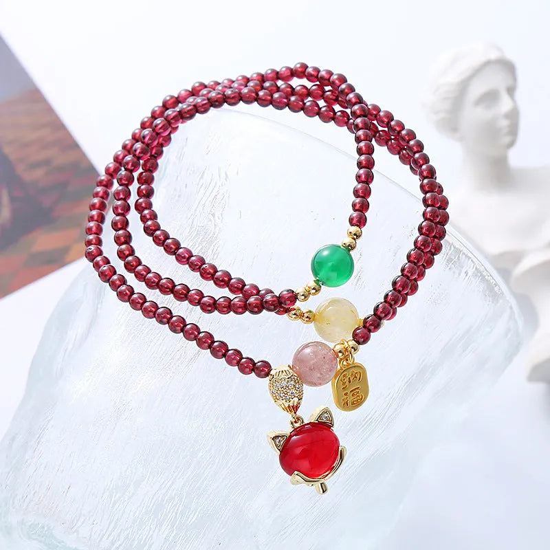 Purplish red garnet fox bracelet with adjustable string for women
