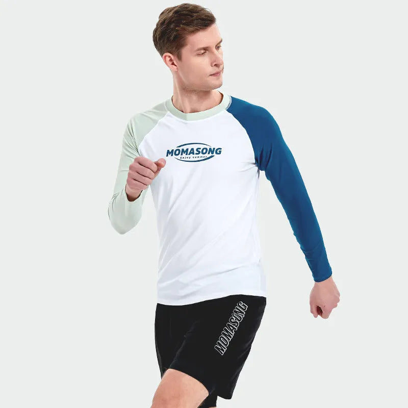 Men's long-sleeved white top with matching swimming trunks swimsuit set for beach sports