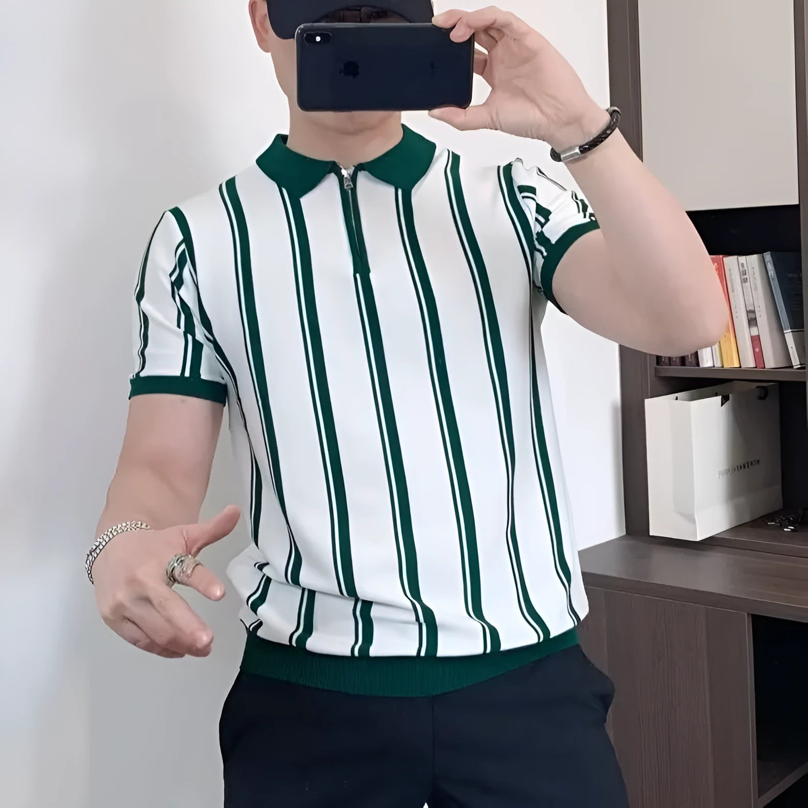 Korean style vintage stripe men's casual t-shirt with front zipper detail in black