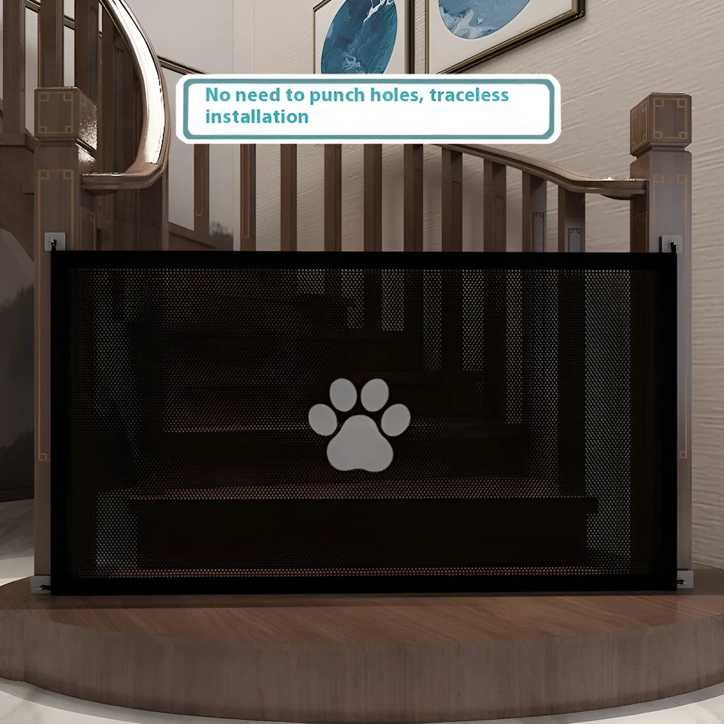 Portable folding dog barrier with cloth construction and plastic rod featuring dog footprint design