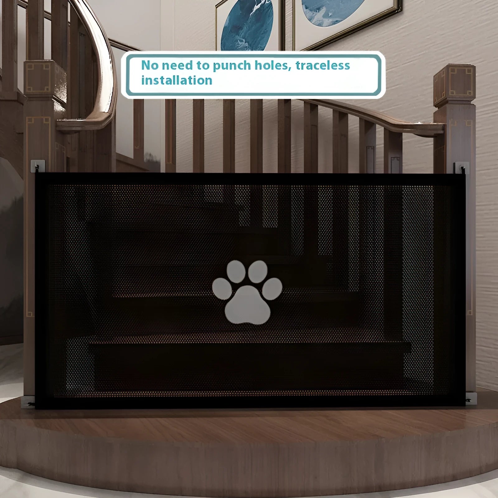 Portable folding dog barrier with cloth construction and plastic rod featuring dog footprint design