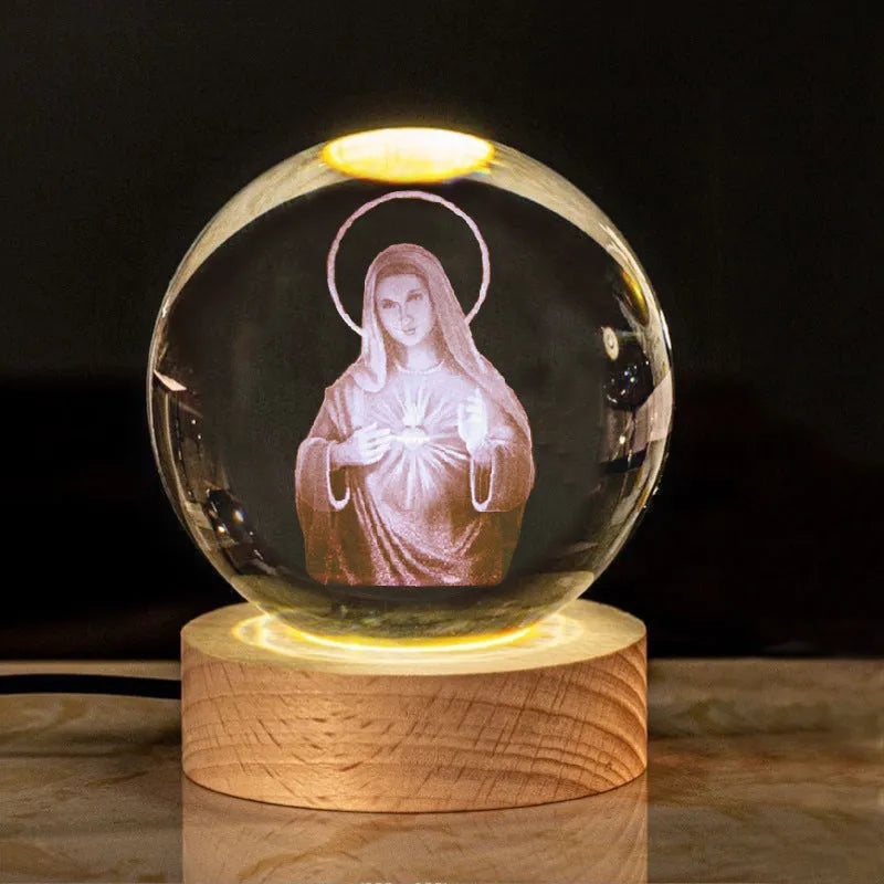 White crystal lamp with 6cm diameter ball on solid wood warm light base for church office decoration