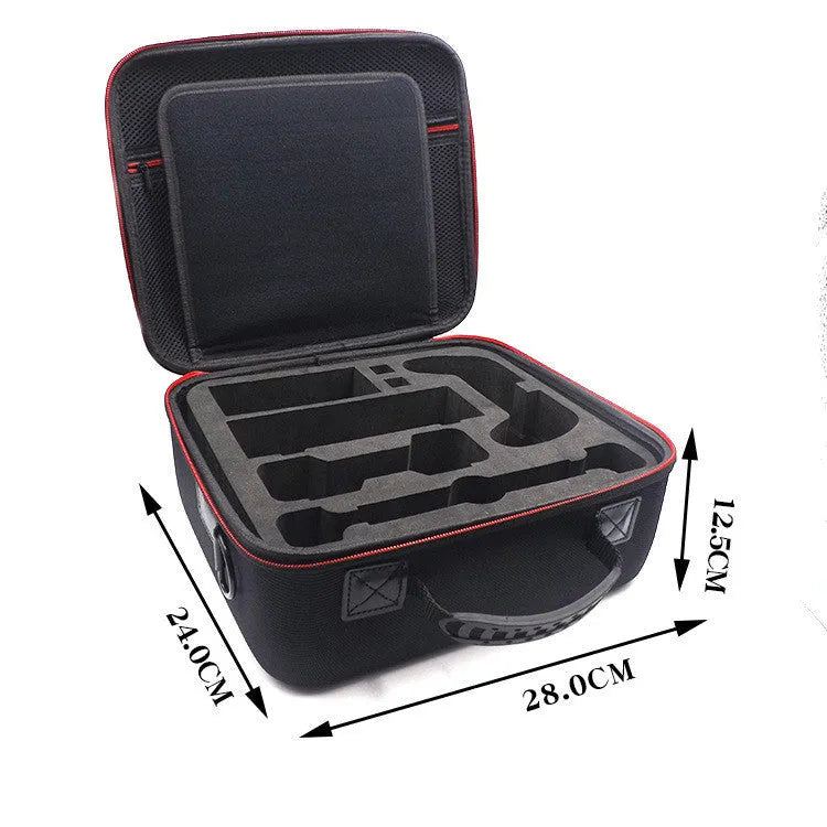 Black EVA game console accessory storage bag showing two size options for organising controllers and cables