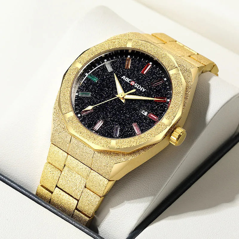 Full diamond-set luxury oak men's watch in gold finish with quartz movement and 11mm case thickness