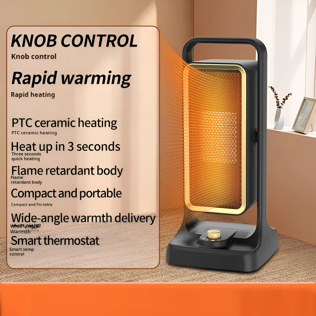 Black HQ-500A desktop PTC ceramic heater with control knob on a wooden desk.