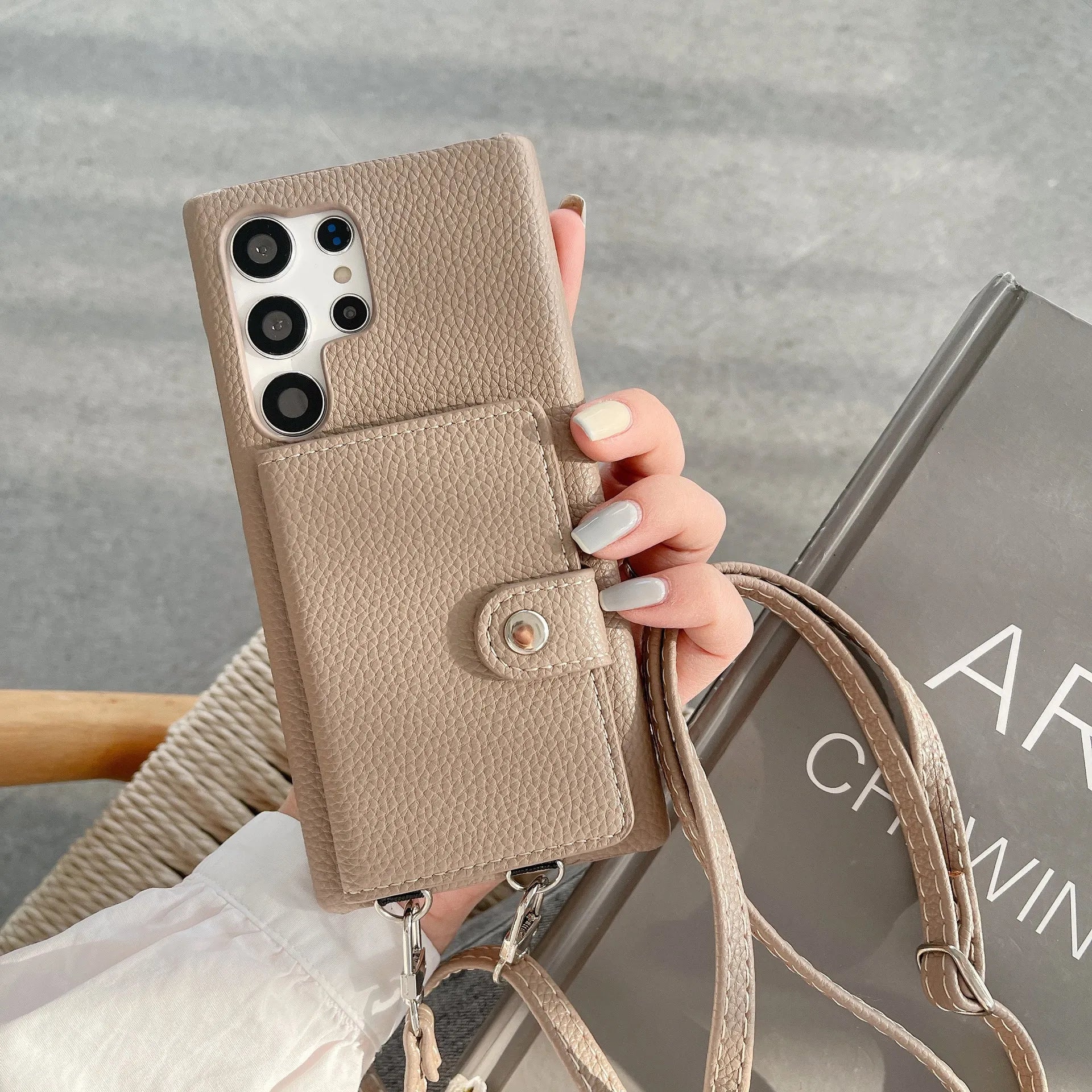 Samsung S23Ultra crossbody phone case with lychee pattern PC leather and card slot in black colour
