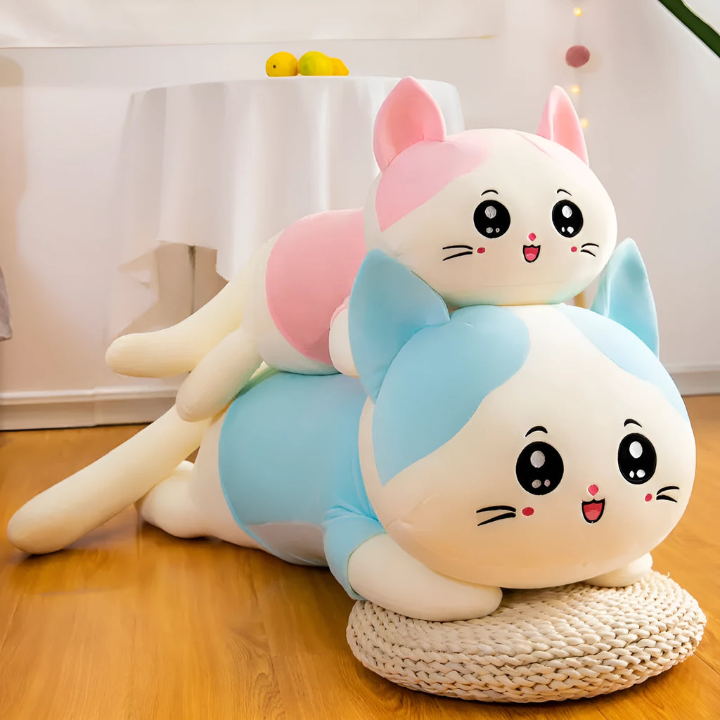 Cute cat plush toy sofa cushion in soft velvet fabric, available in blue and pink, 110cm length