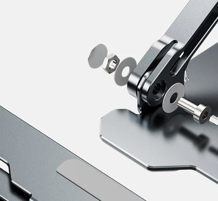 Grey aluminum folding laptop stand shown at an adjustable angle holding a silver laptop.