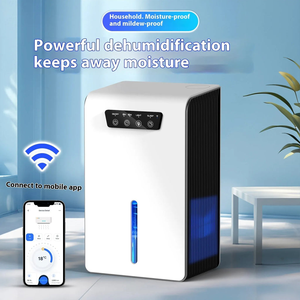 Milky white compact portable dehumidifier for small bedrooms and living spaces.