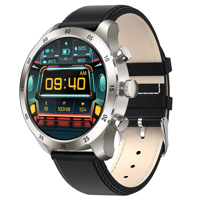 Black smart watch with steel bracelet showing heart rate monitoring and call display on screen.