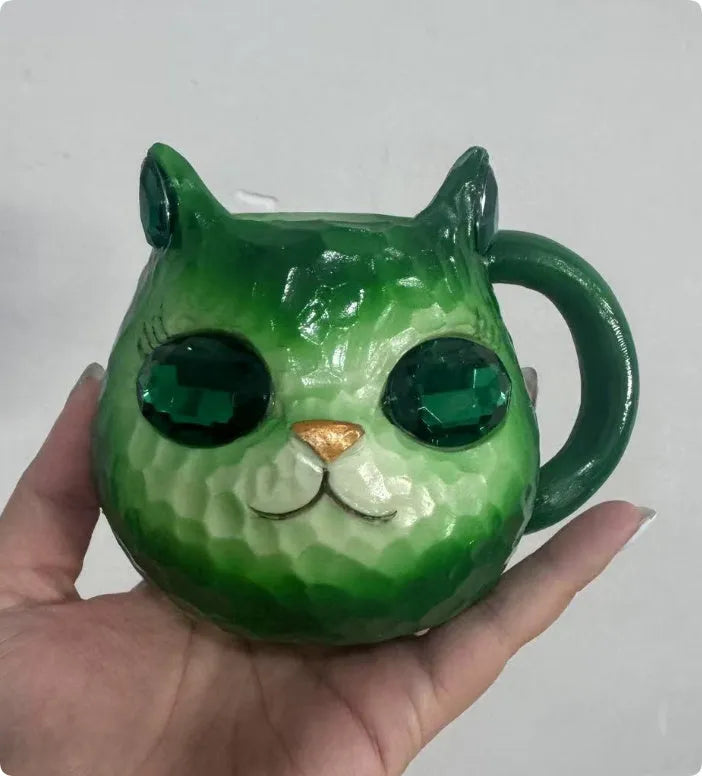 Cat cup resin craft ornament in purple, green, blue, or pink colours for desk display