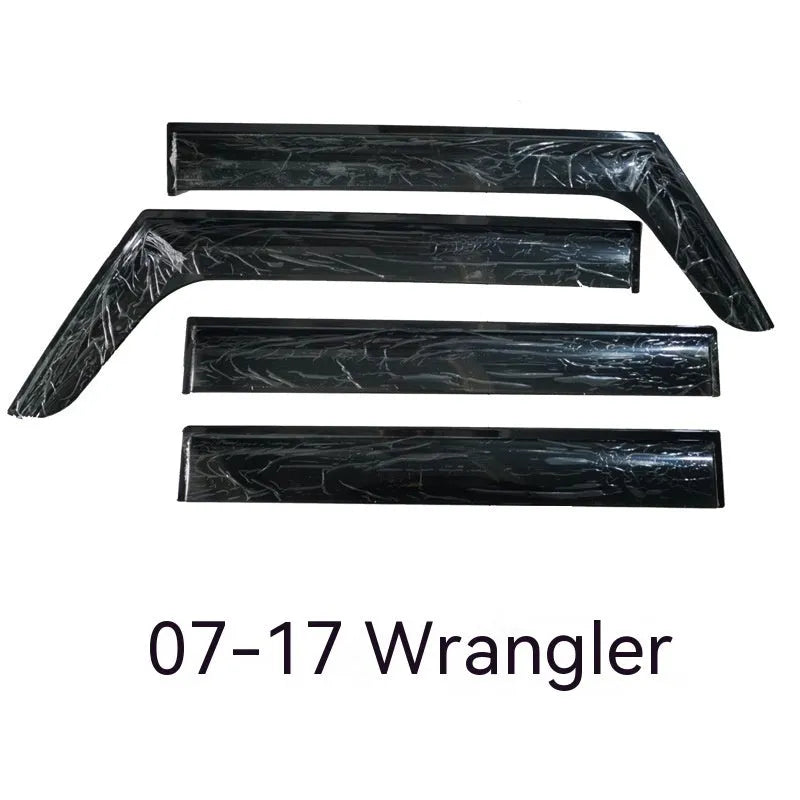 Set of four black PVC car window rain visors for Jeep Wrangler 2007-2021 on a white background