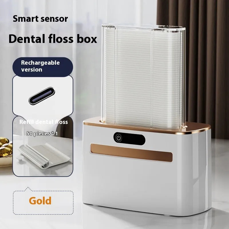 Electric dental floss box in dark grey, light grey or gold with automatic pop-up mechanism