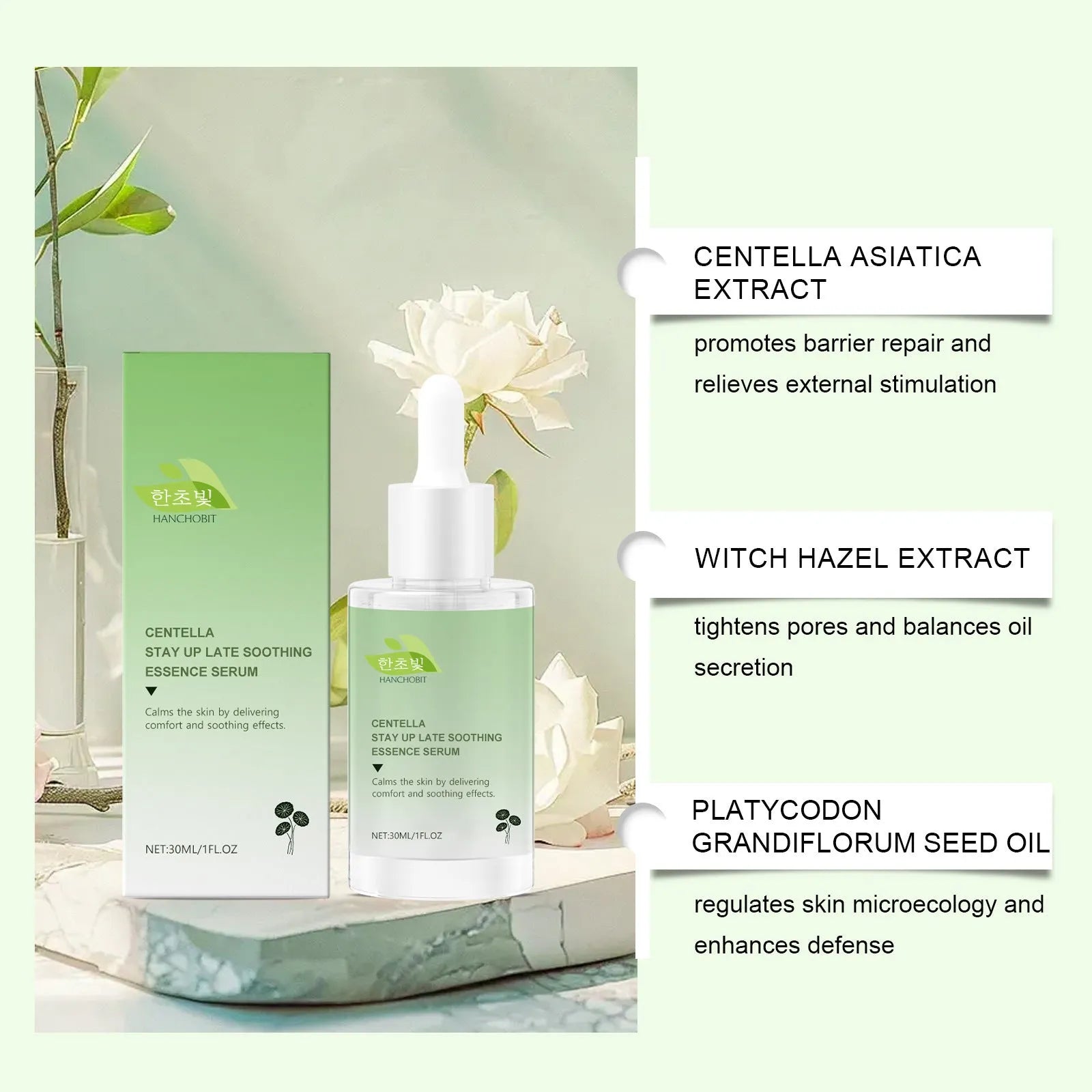 Centella Asiatica Soothing Solution 30ml bottle on white background with label showing ingredients