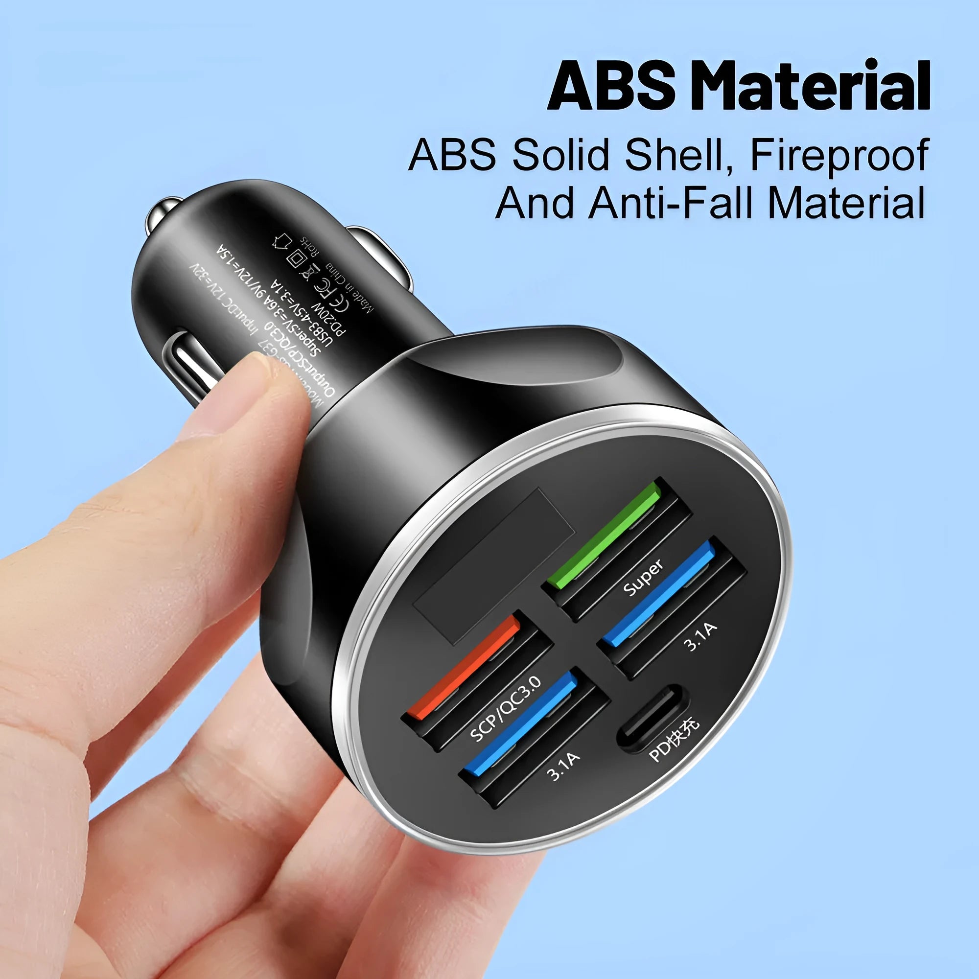 Digital display five-in-one car charger with super fast charge port, compact PC body, black and white colour options, 4cm by 4cm by 7cm size.
