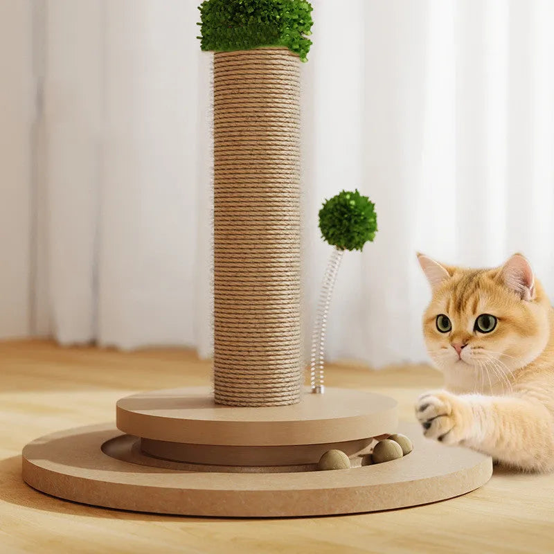 Simple cat climbing frame with hemp rope posts and canna-coloured grab columns