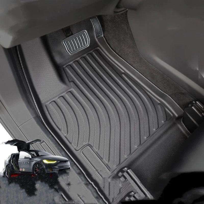 Tesla Model X waterproof TPE rubber floor mats showing left and right rudder design for vehicle-specific fitment