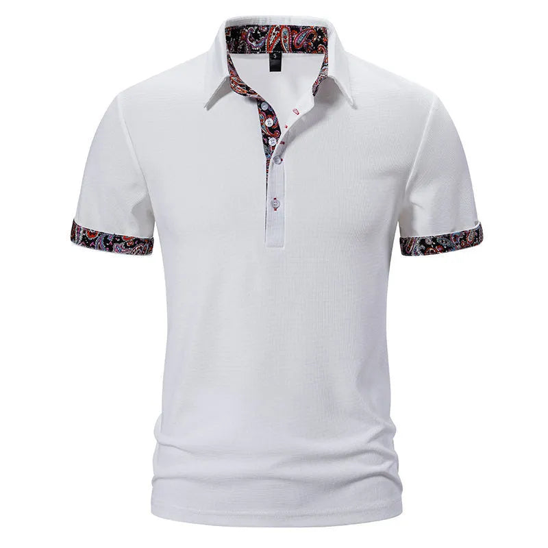 Men's cotton blend polo shirt in navy blue with a turnover collar and colour stitching detail.