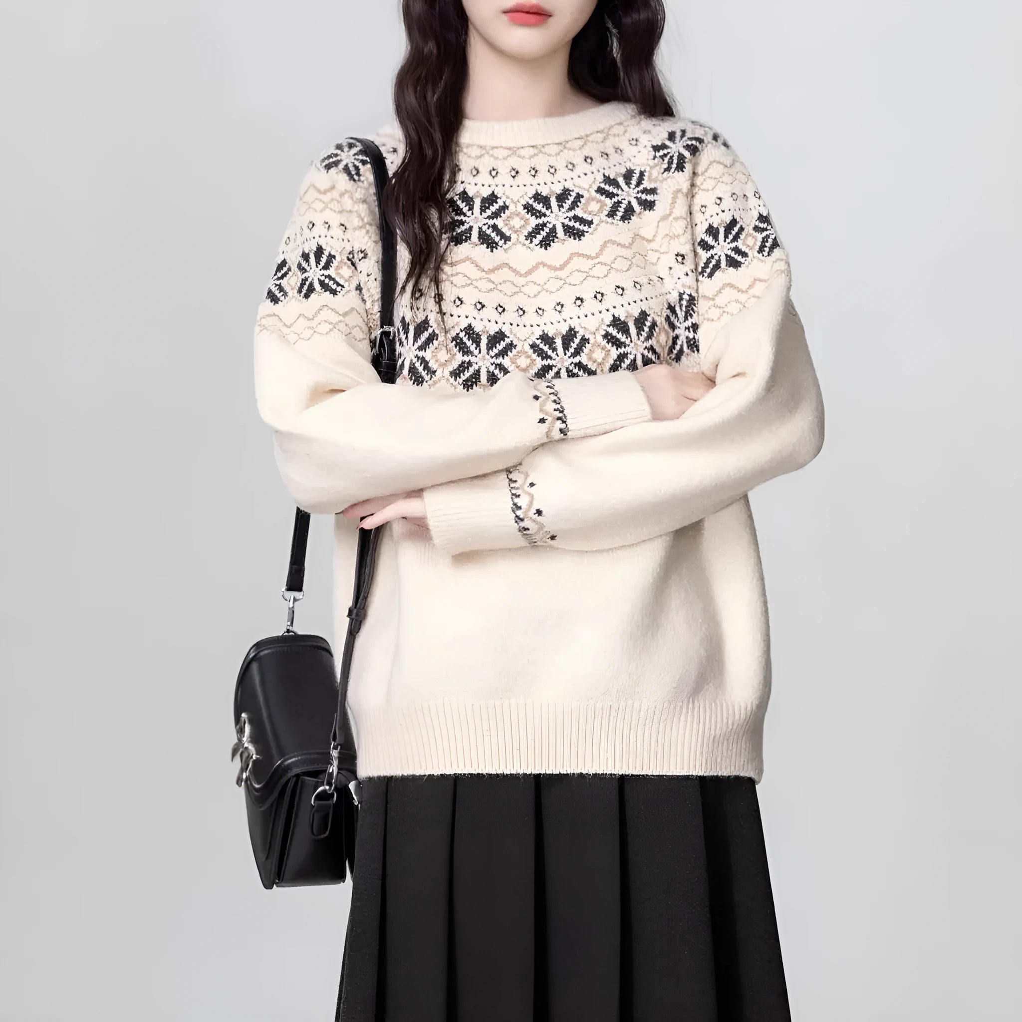 Women's vintage fair isle pullover sweater with geometric pattern in milky white, loose crew neck style