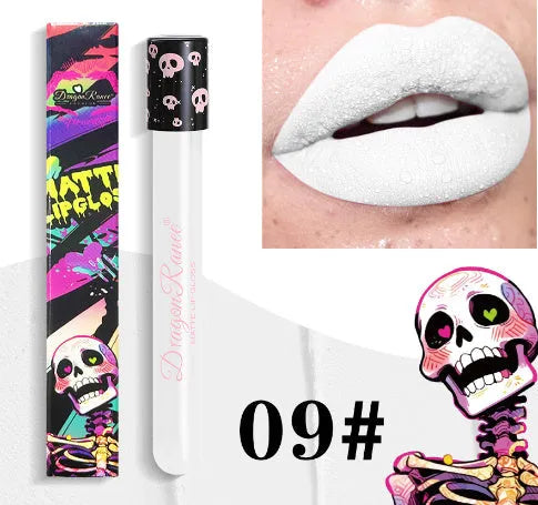 Halloween creative makeup lip gloss in skull-shaped test tube with retro matte gold and silver shades.