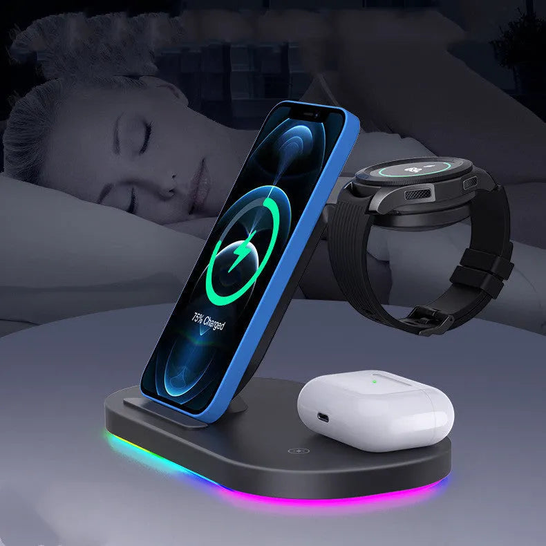 Three-in-one fast wireless charger in ABS material with Type-C input for phone watch and headphone