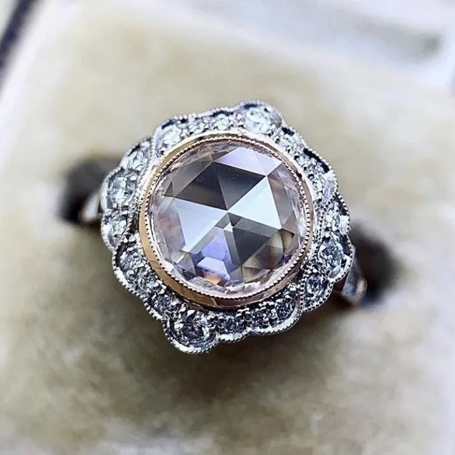 Rose gold two-tone alloy ring with white diamond moissanite, geometric shape, women's jewellery