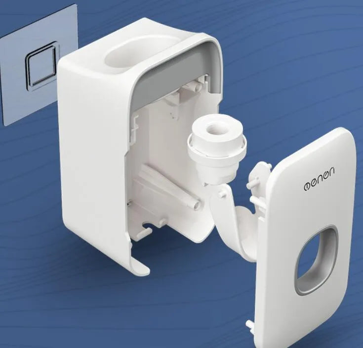 Automatic toothpaste dispenser in blue colour made from ABS plastic with a wall-mount design.
