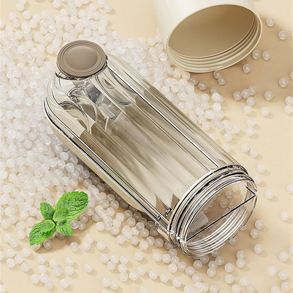 Beige foldable dog water bottle with food container base for outdoor use
