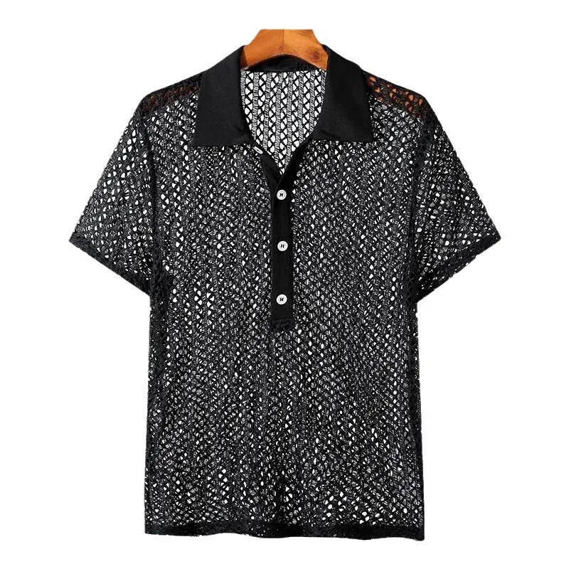 Men's solid black polyester jacquard lapel knitwear sweater for teenagers, front view, size L