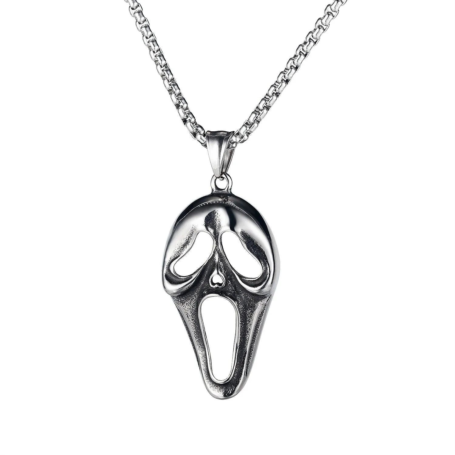Men's stainless steel skull necklace with electroplated silver finish showing six pendant design options
