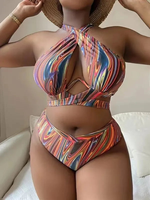Women's high waist split floral bikini swimsuit in polyester with matching top and pants